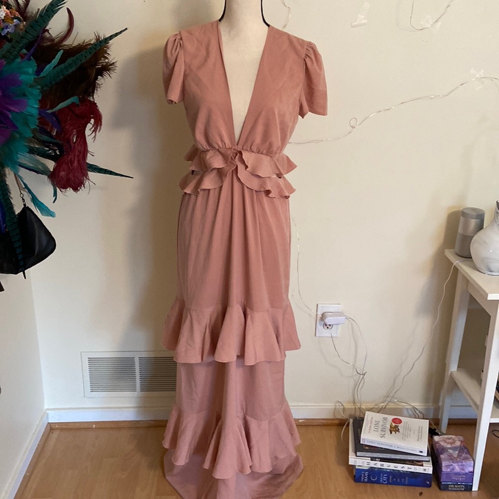 Wayf Summer Wedding Flutter Ruffle Pink Gown